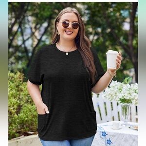 Women Plus Size Top Short Sleeve Casual Shirt Crew Neck with Pockets
